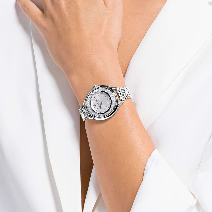 swarovski crystalline aura watch  metal bracelet  silver tone  stainless steel