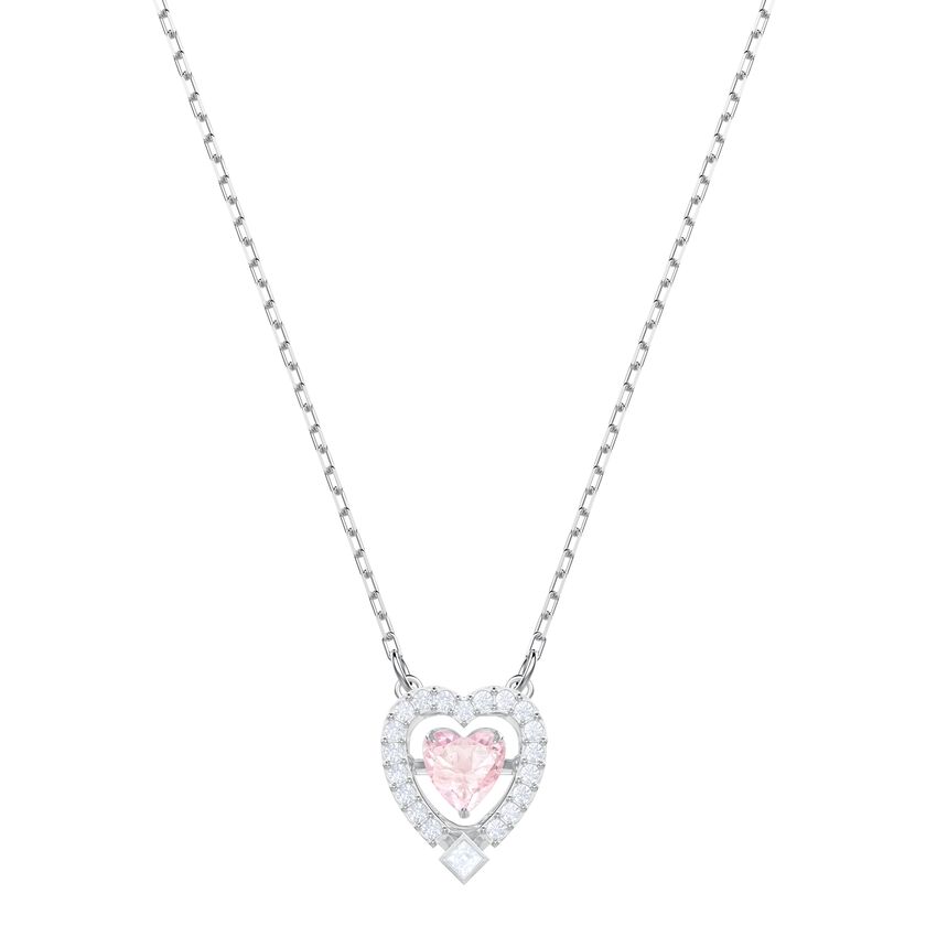 Sparkling Dance Heart Necklace, Pink, Rhodium plating