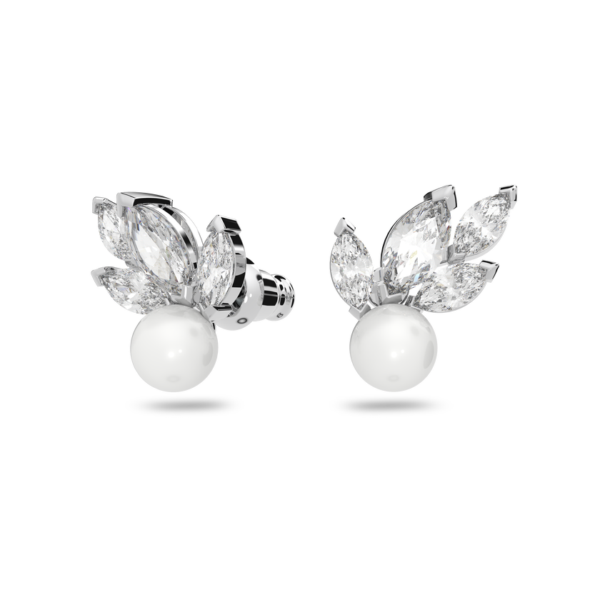 swarovski louison pearl stud earrings  leaf  white  rhodium plated
