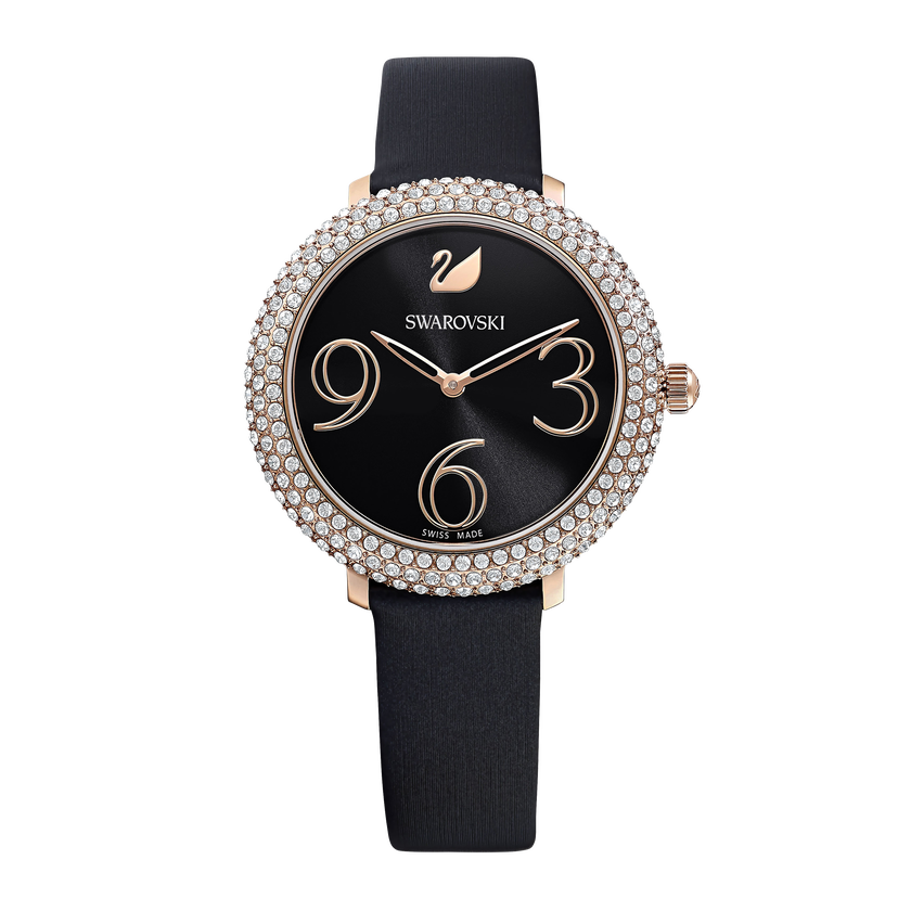 Crystal Frost Watch, Leather Strap, Black, Rose-gold tone PVD