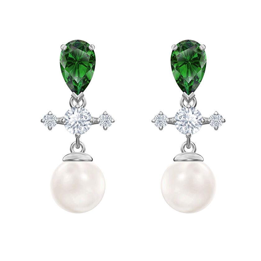Perfection Drop Pierced Earrings, Green, Rhodium plated