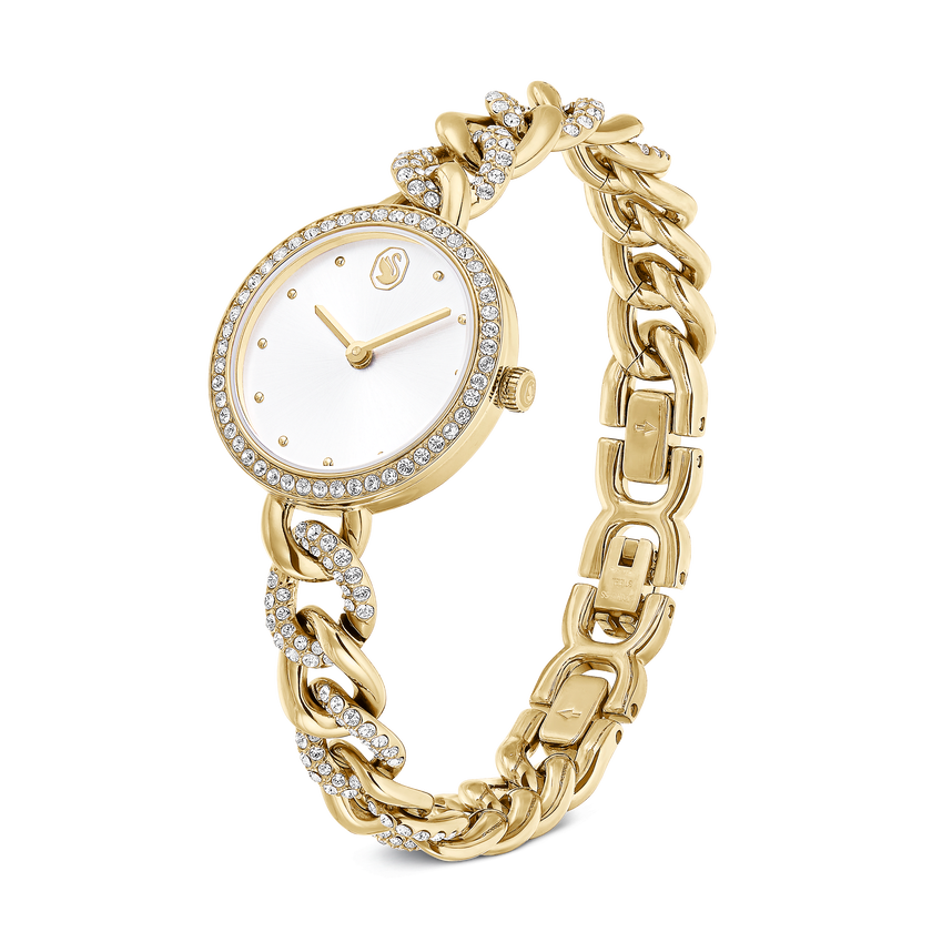 swarovski cocktail round watch  round cut  metal bracelet  gold tone  gold tone finish