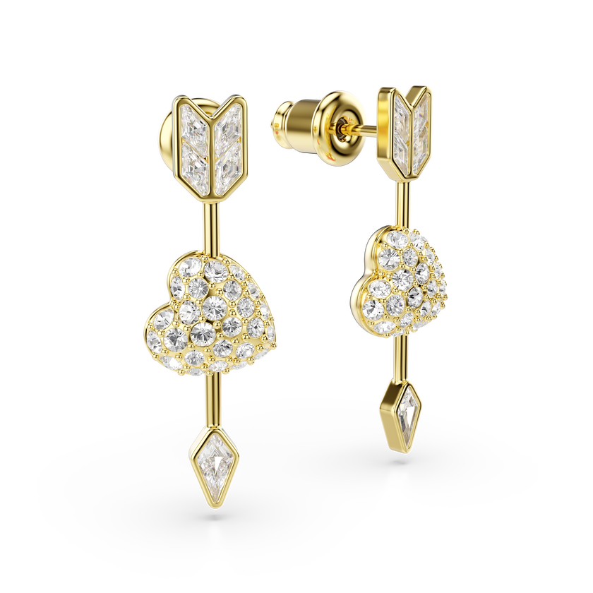 swarovski idyllia drop earrings  mixed cuts  heart with arrow  white  gold tone plated
