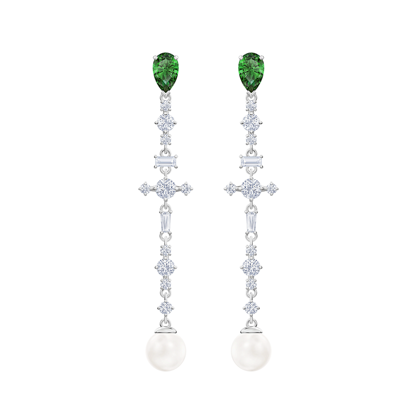 Perfection Pierced Earrings, Green, Rhodium plated