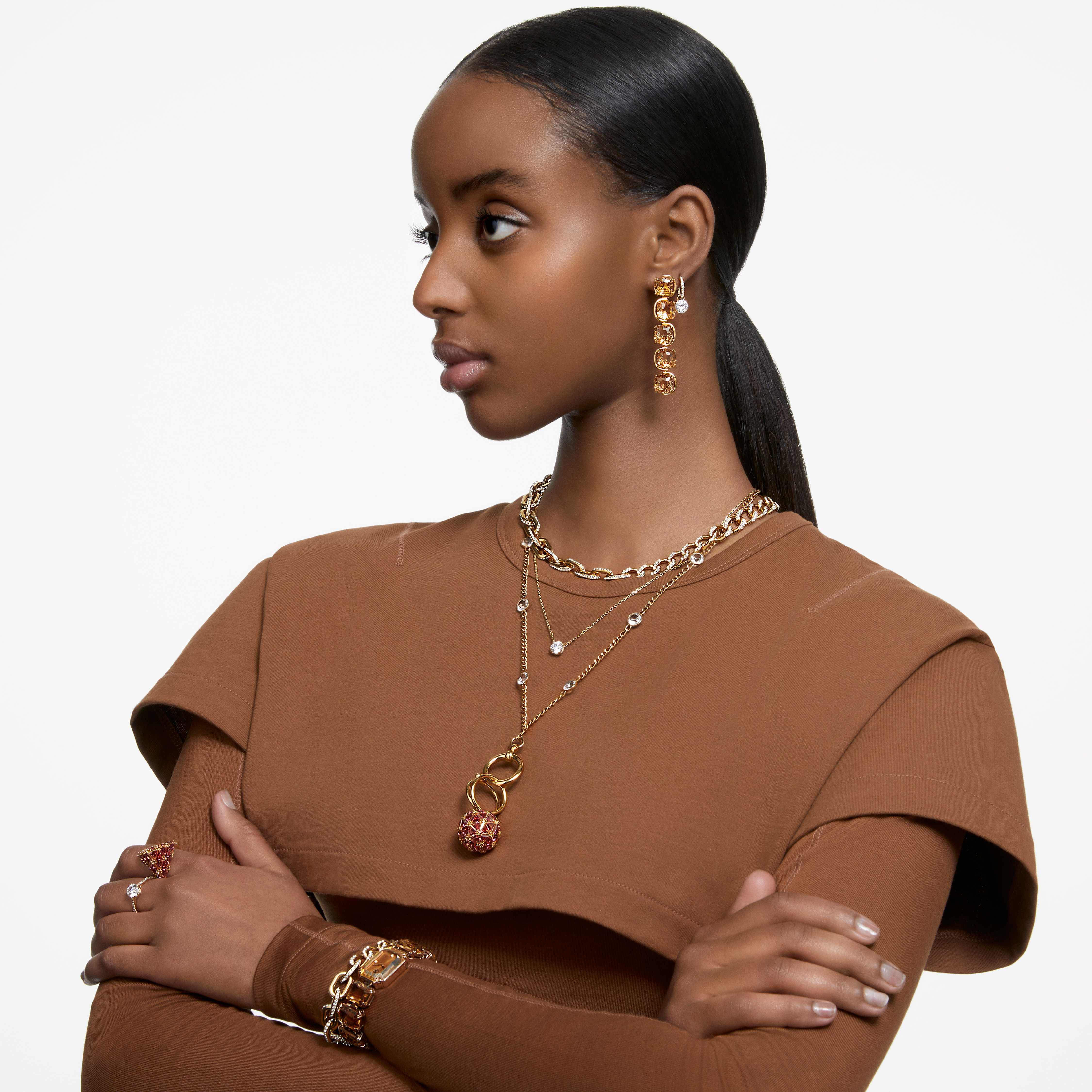 swarovski stilla drop earrings  round cut  white  gold tone plated