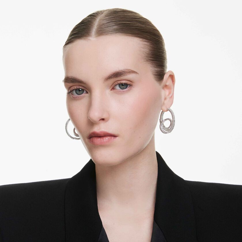 swarovski matrix hoop earrings  baguette cut  ribbon  white  rhodium plated