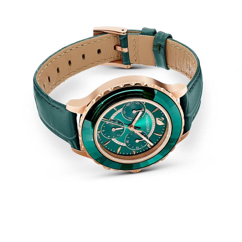 Octea Lux Chrono Watch, Leather Strap, Green, Rose gold tone