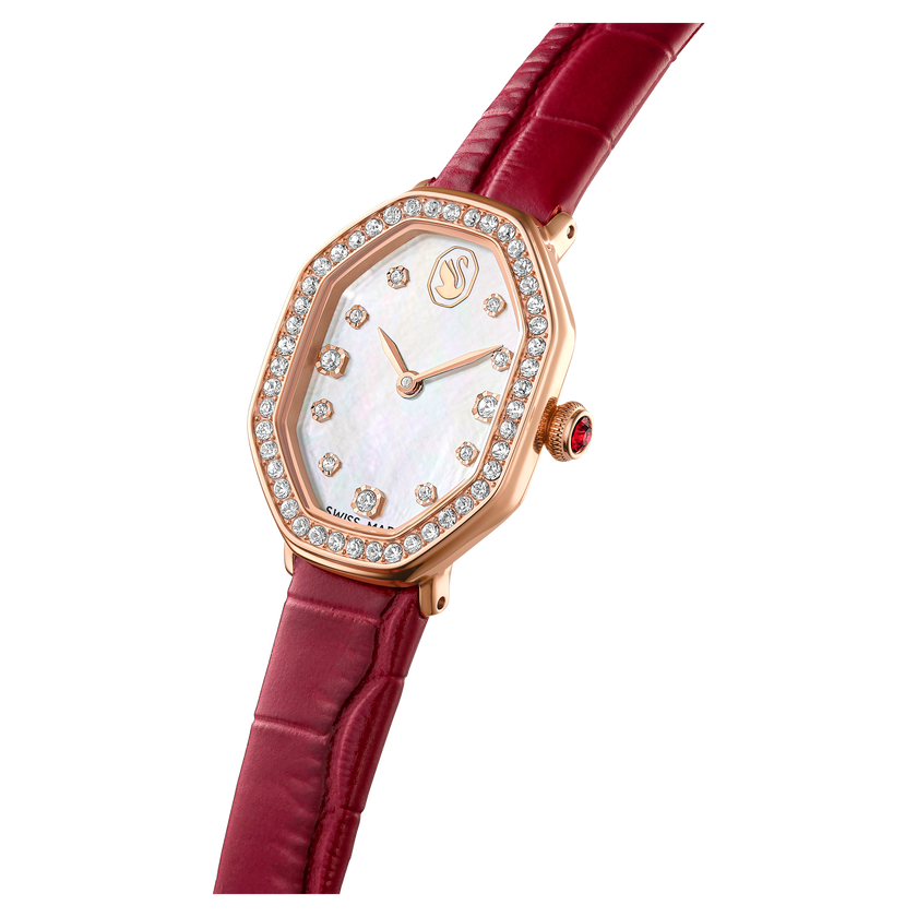 swarovski dextera octagon watch  swiss made  leather strap  red  rose gold tone finish