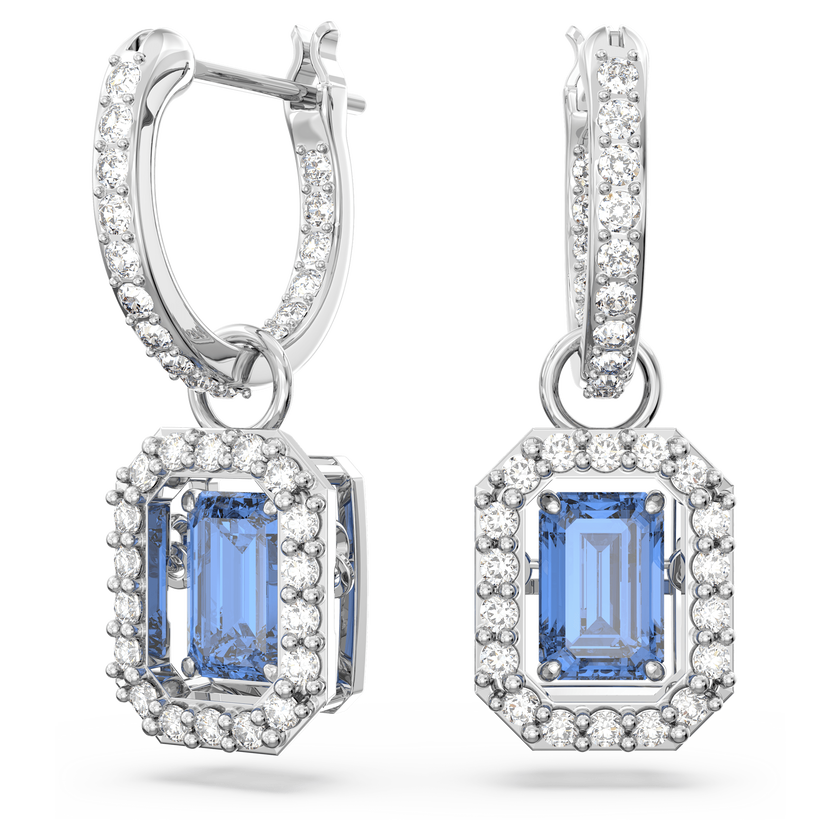 swarovski una drop earrings  octagon cut  blue  rhodium plated