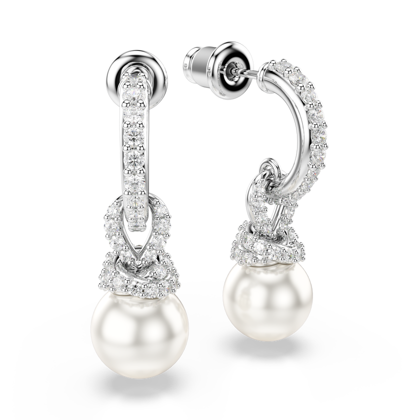 swarovski originally drop earrings  crystal pearl  pav   white  rhodium plated
