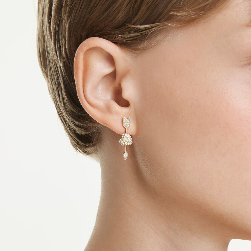 swarovski idyllia drop earrings  mixed cuts  heart with arrow  white  gold tone plated