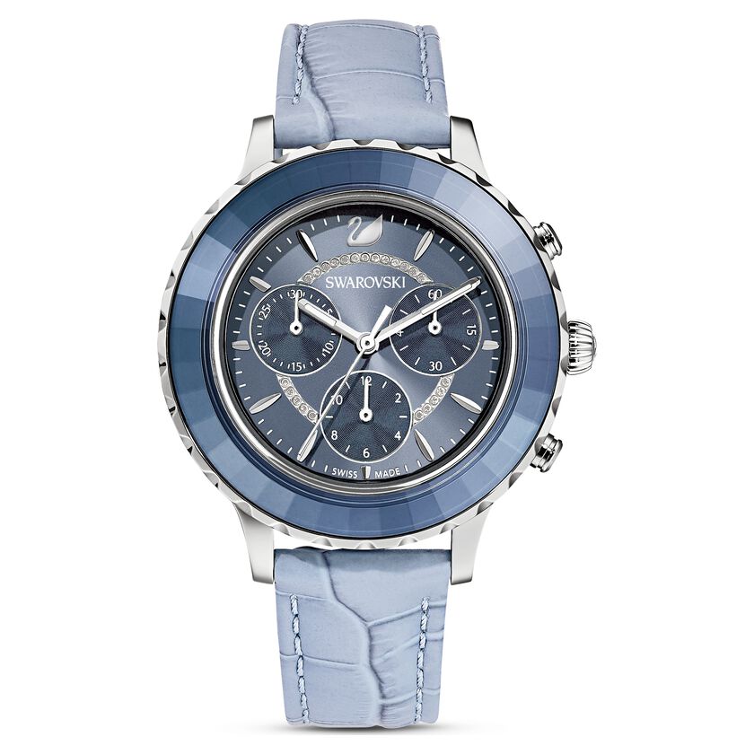 Octea Lux Chrono Watch, Leather strap, Blue, Stainless Steel