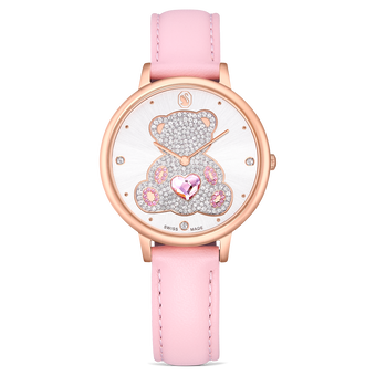 swarovski teddy watch  swiss made  leather strap  pink  rose gold tone finish