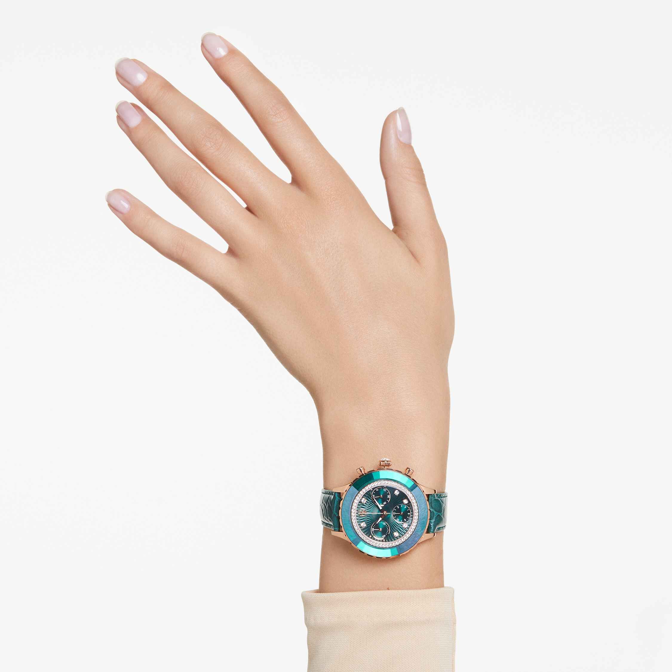 swarovski octea chrono watch  swiss made  leather strap  green  rose gold tone finish