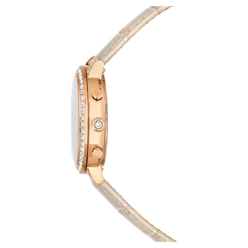 swarovski matrix tennis chrono watch  swiss made  leather strap  beige  rose gold tone finish