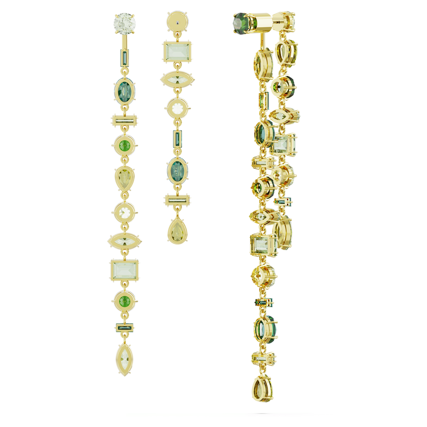 swarovski gema drop earrings  asymmetrical design  mixed cuts  extra long  green  gold tone plated