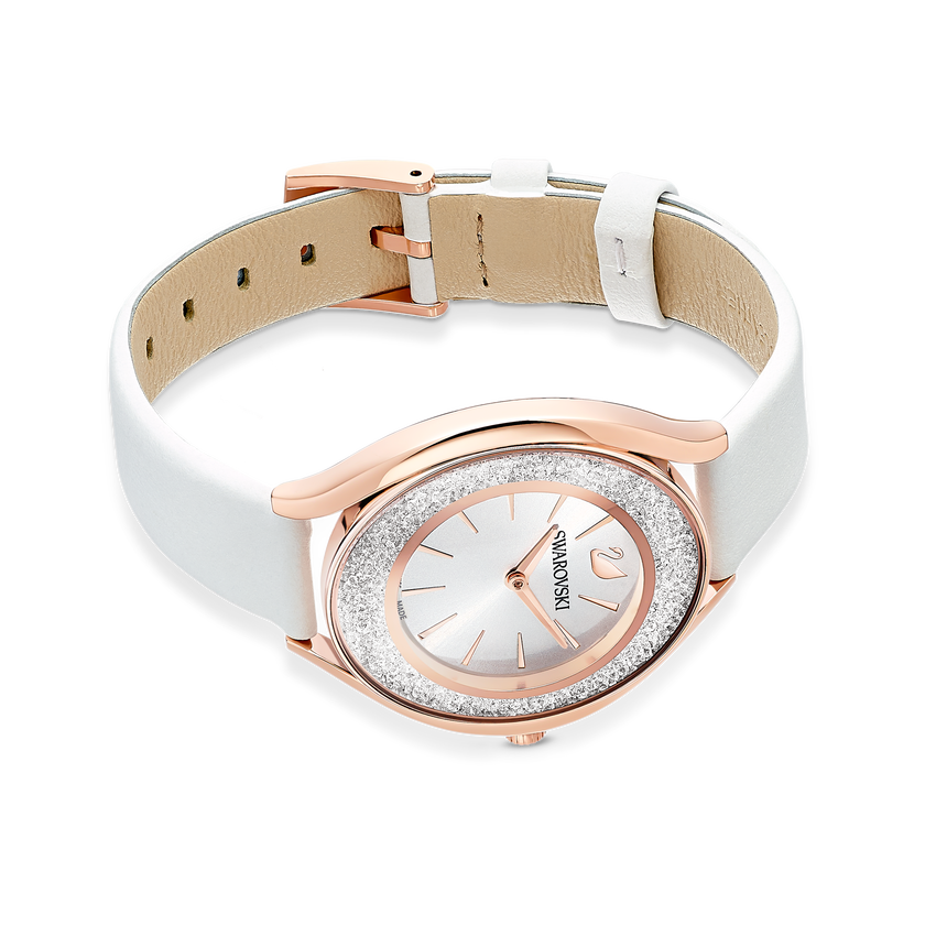 Crystalline Aura Watch, Leather strap, White, Rose-gold tone PVD