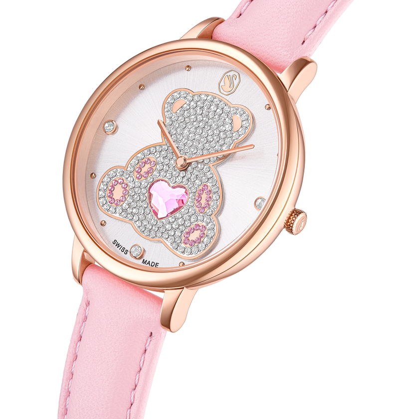 swarovski teddy watch  swiss made  leather strap  pink  rose gold tone finish