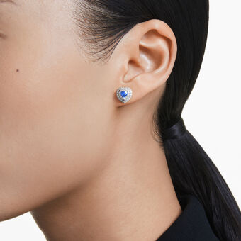 swarovski one stud earrings  heart cut  pav   heart  blue  rhodium plated