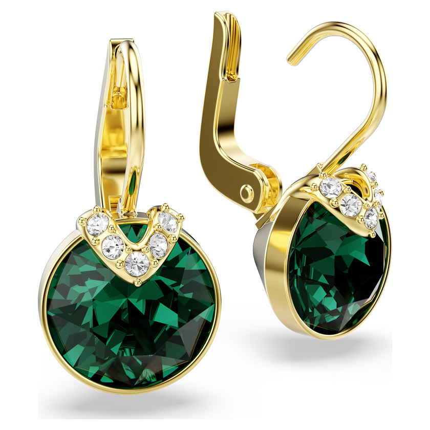 swarovski bella v drop earrings  round cut  green  gold tone plated