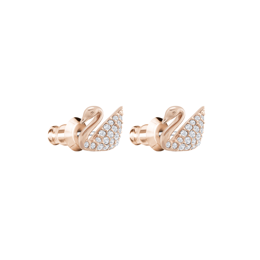 Swan Mini Pierced Earrings, White, Rose Gold Plating
