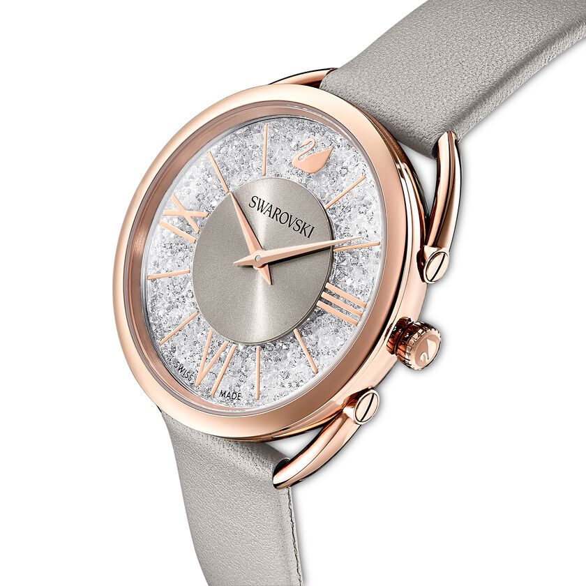 Crystalline Glam Watch, Leather Strap, Gray, Rose gold tone