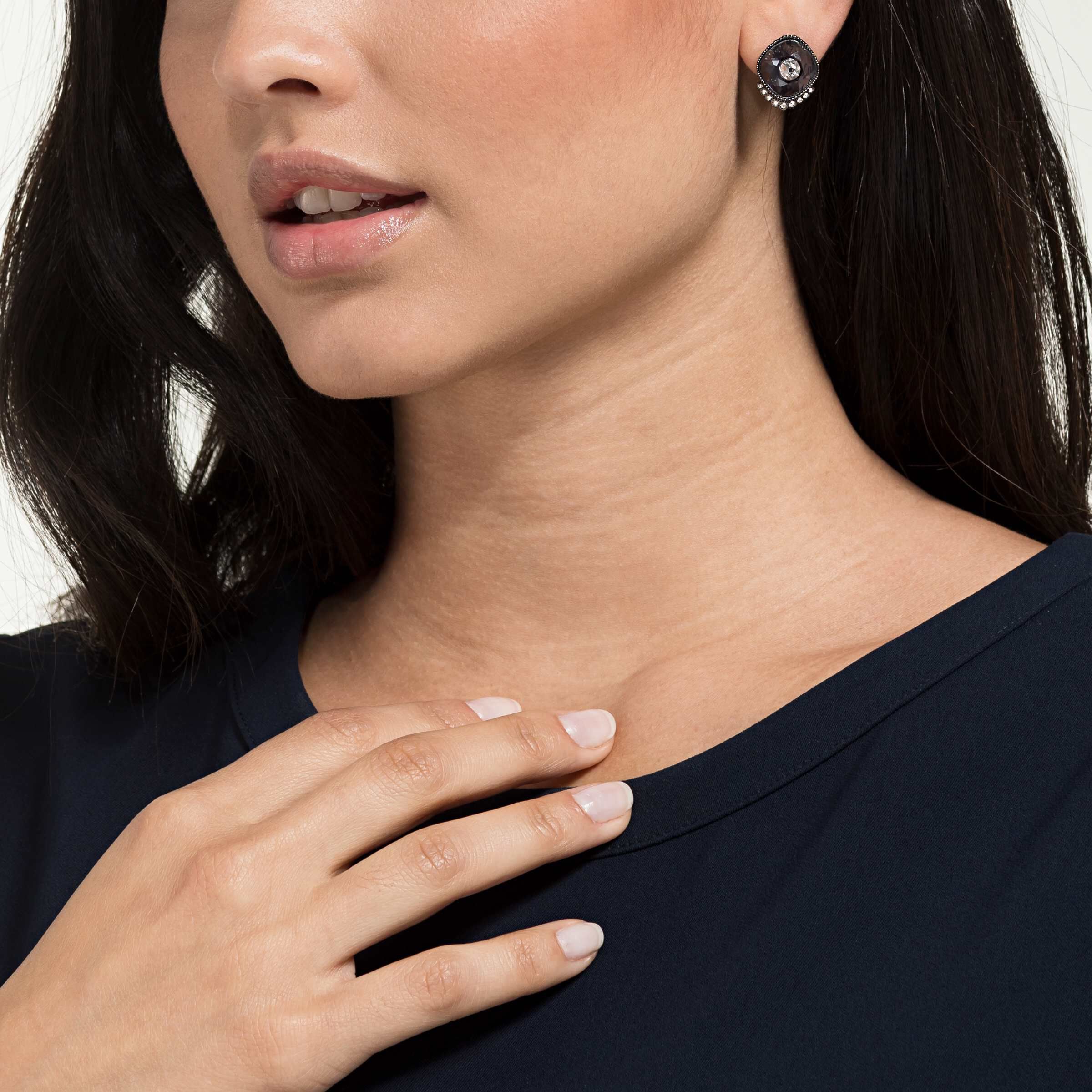 swarovski black baroque stud pierced earrings  dark gray  ruthenium plated