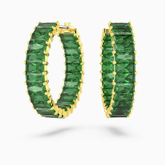 Matrix hoop earrings, Baguette cut, Green, Gold-tone plated