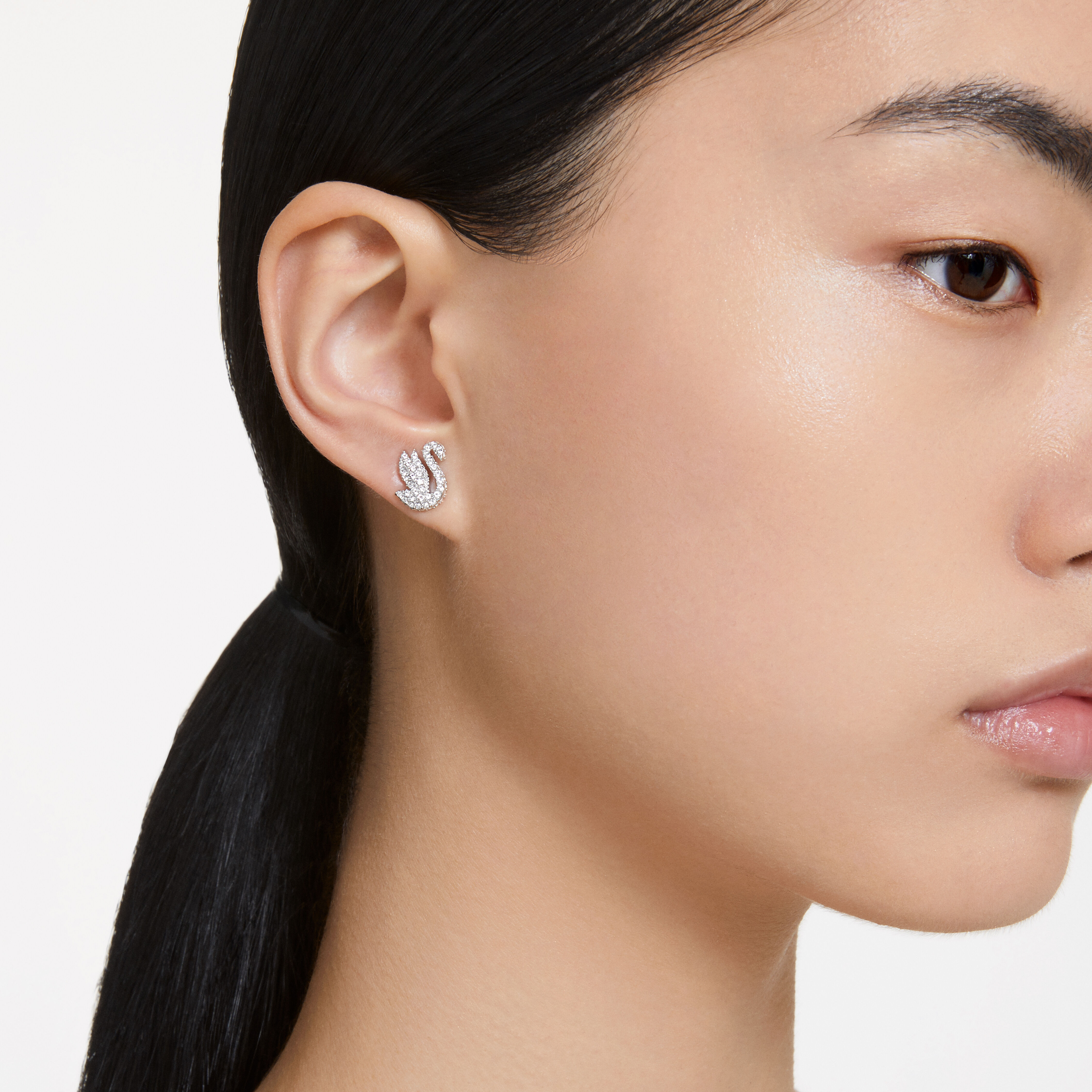 Fashion Swan clip earrings, Swan, White, Rhodium plated | Swarovski