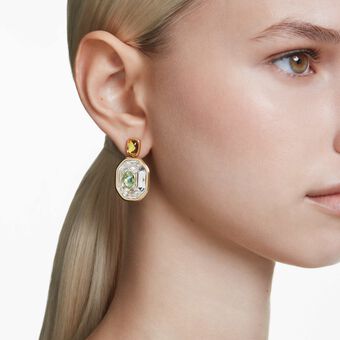 swarovski chroma drop earrings  asymmetrical design  octagon cut  multicolored  gold tone plated