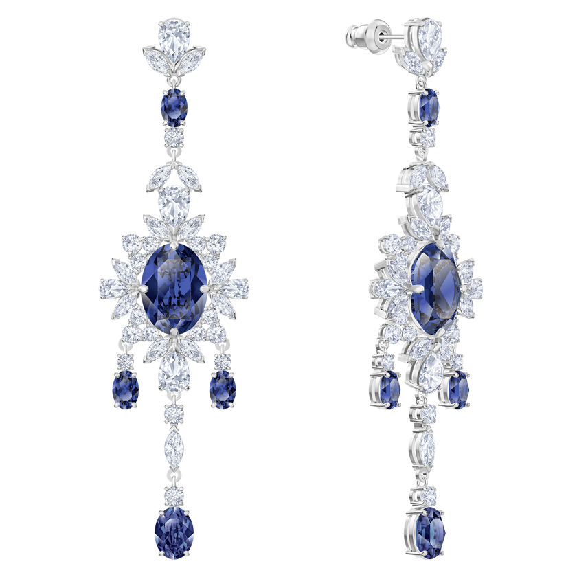 Palace Chandelier Pierced Earrings, Blue, Rhodium plated