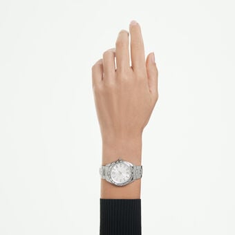 swarovski matrix date watch  swiss made  metal bracelet  silver tone  stainless steel