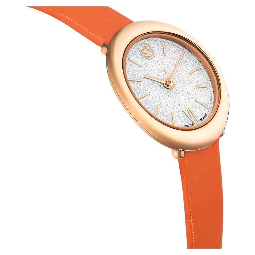 swarovski imber oval watch  swiss made  leather strap  orange  rose gold tone finish