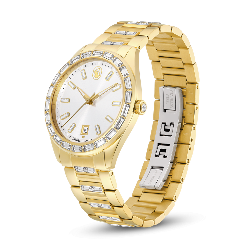 swarovski matrix date watch  swiss made  metal bracelet  gold tone  gold tone finish