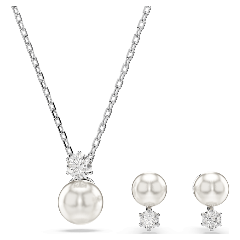 swarovski matrix set  crystal pearl  round cut  white  rhodium plated