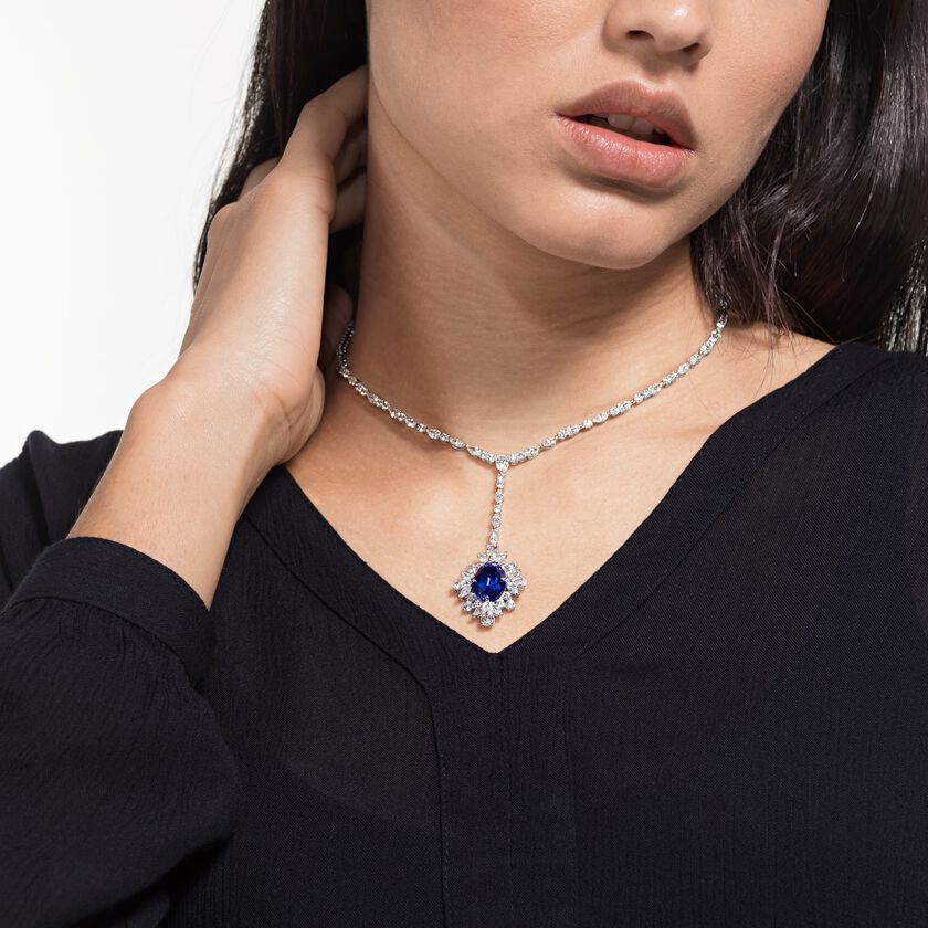 Palace Y necklace, Blue, Rhodium plated