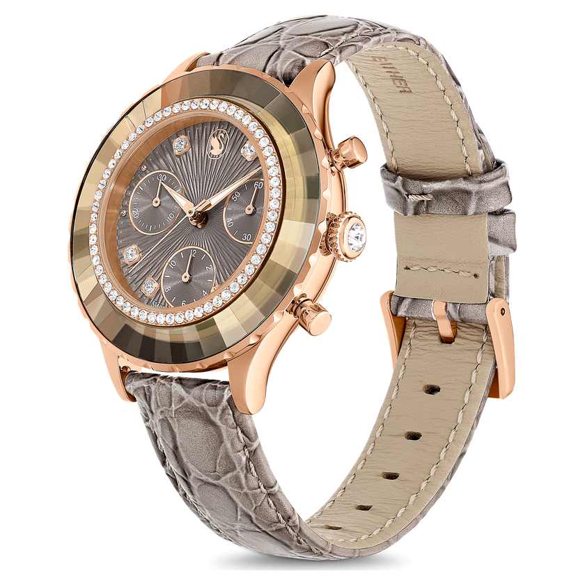 swarovski octea chrono watch  swiss made  leather strap  gray  rose gold tone finish