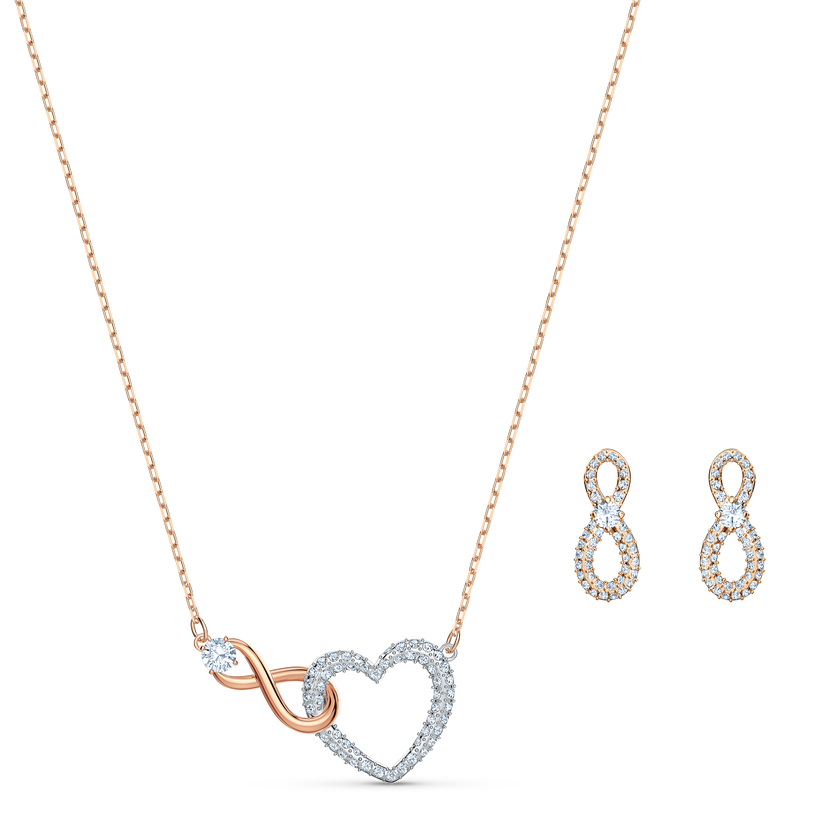 swarovski infinity heart set  white  mixed metal finish