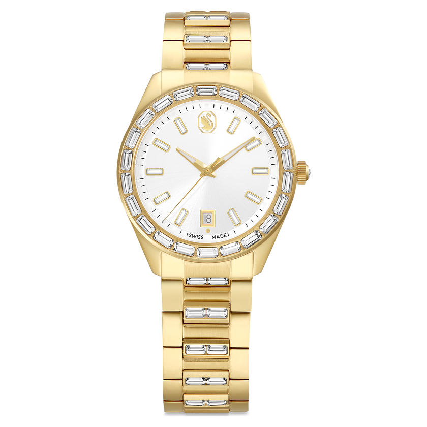 swarovski matrix date watch  swiss made  metal bracelet  gold tone  gold tone finish