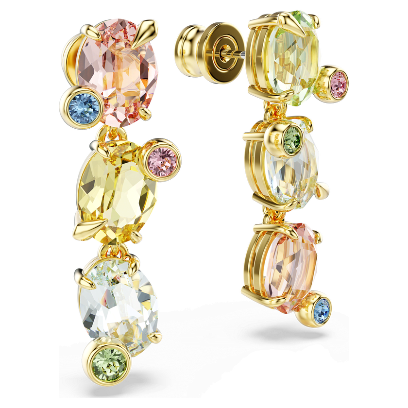 swarovski gema drop earrings  asymmetrical design  mixed cuts  multicolored  gold tone plated