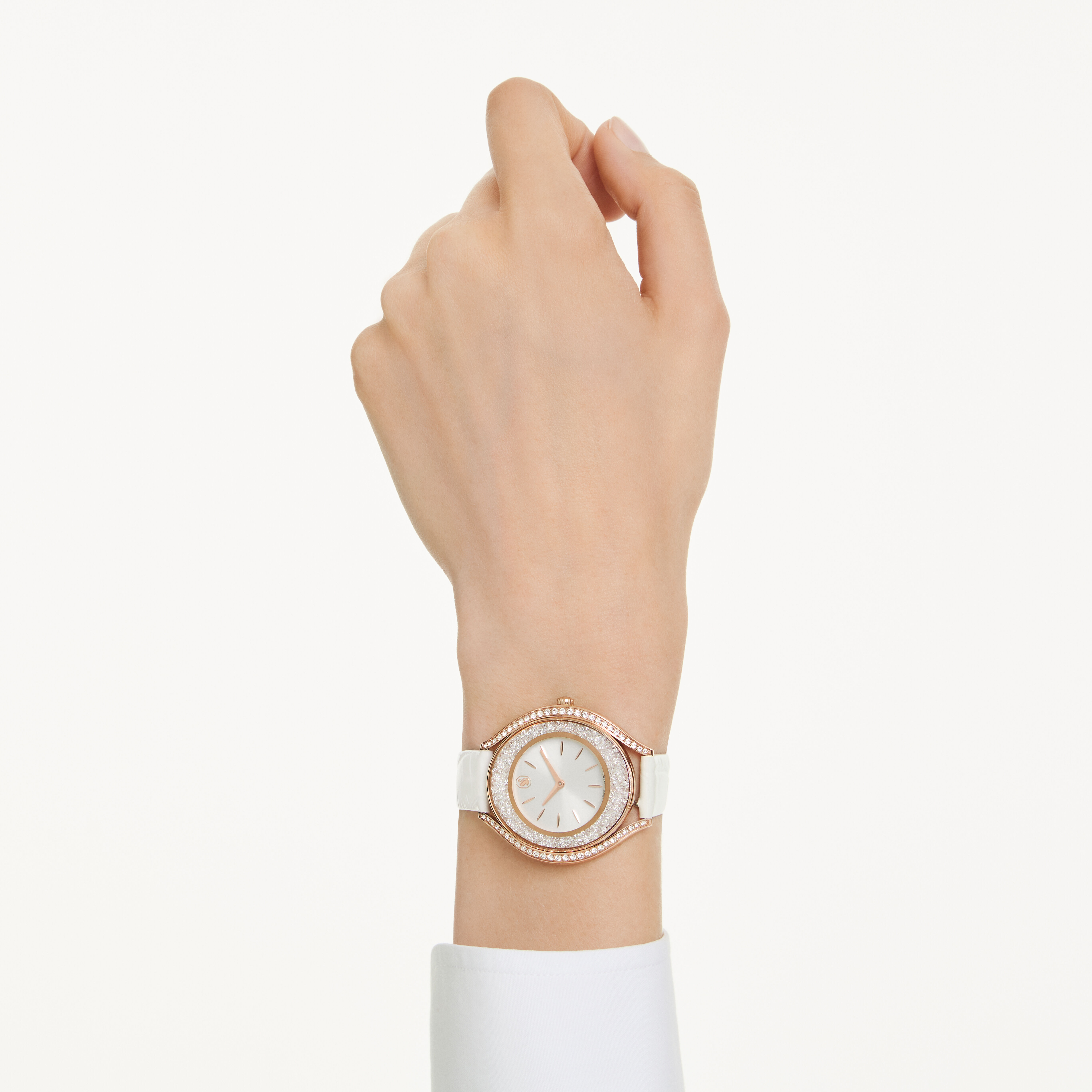 swarovski crystalline aura watch  swiss made  leather strap  white  rose gold tone finish