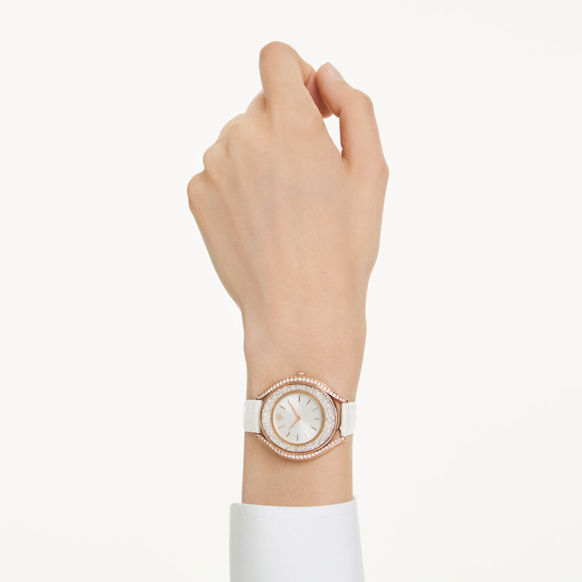 swarovski crystalline aura watch  swiss made  leather strap  white  rose gold tone finish