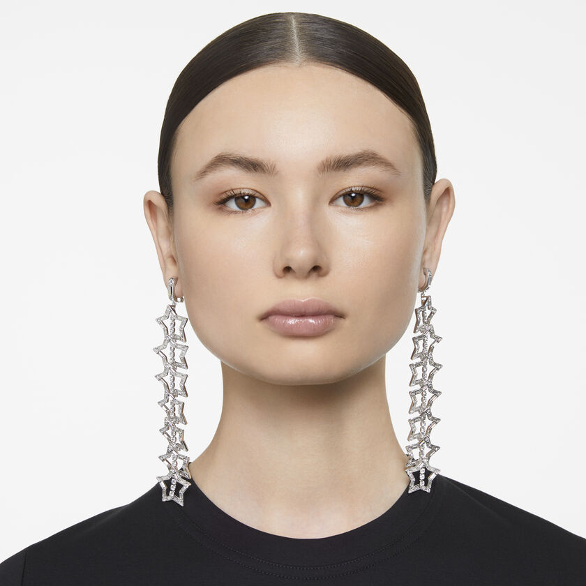 Stella clip earrings,  Long, White, Rhodium plated