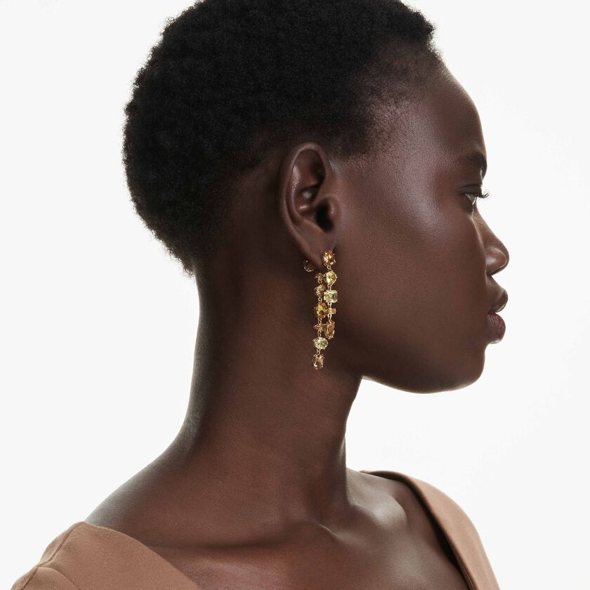 swarovski gema drop earrings  asymmetrical design  mixed cuts  long  yellow  gold tone plated