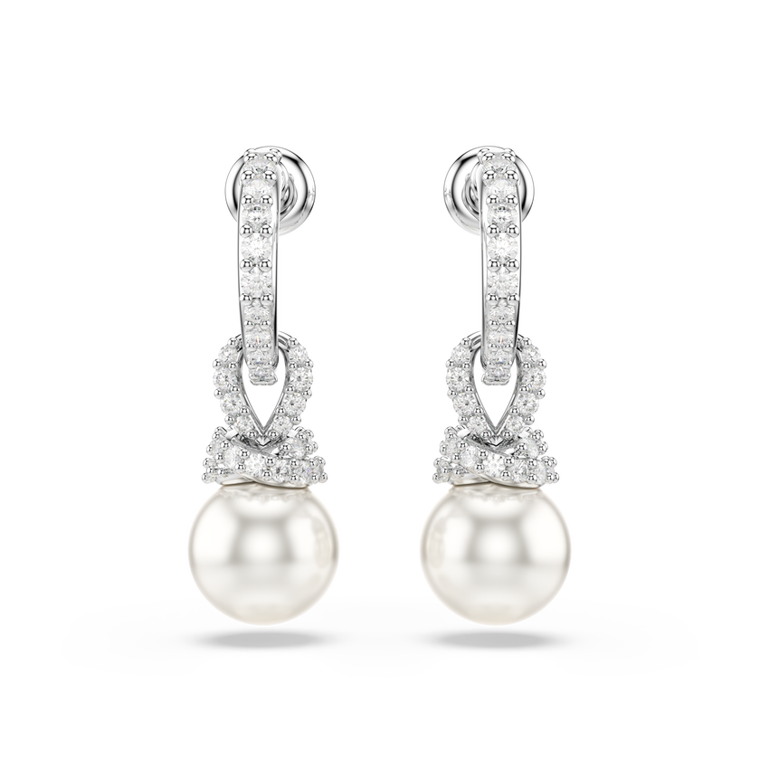 swarovski originally drop earrings  crystal pearl  pav   white  rhodium plated