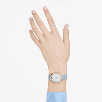 swarovski imber oval watch  swiss made  leather strap  blue  champagne gold tone finish