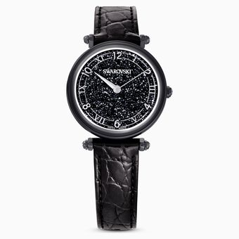 Crystalline Wonder watch, Swiss Made, Leather strap, Black, Black finish