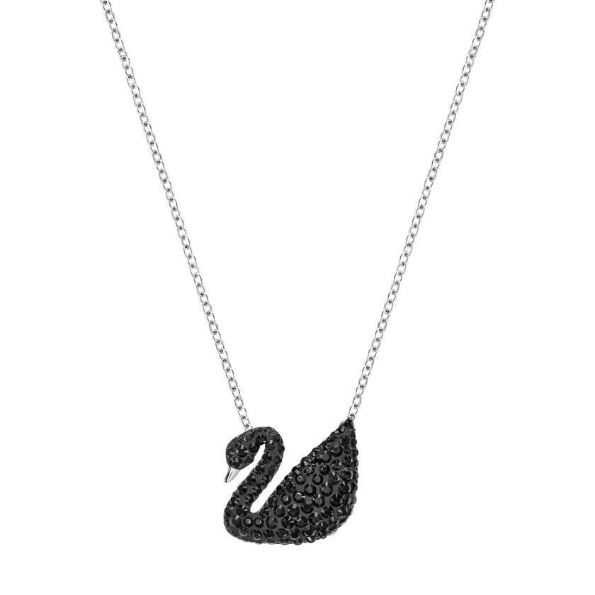 Iconic Swan Pendant, Black, Rhodium Plated
