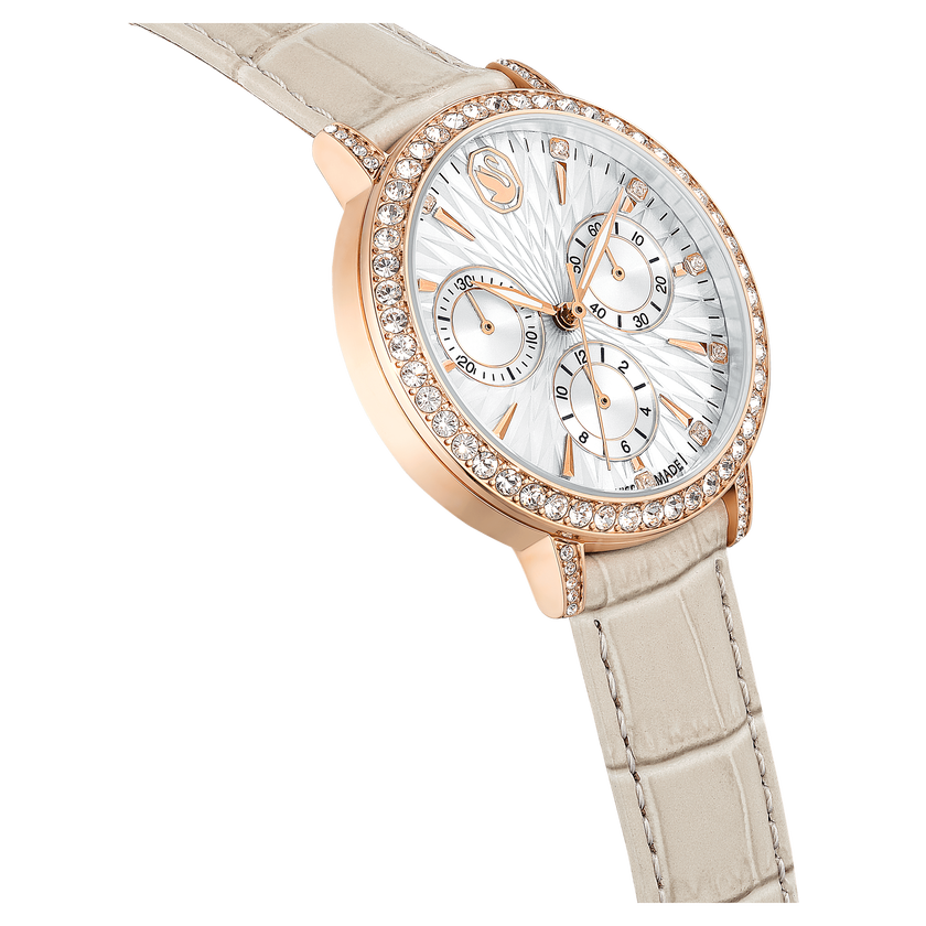 swarovski matrix tennis chrono watch  swiss made  leather strap  beige  rose gold tone finish