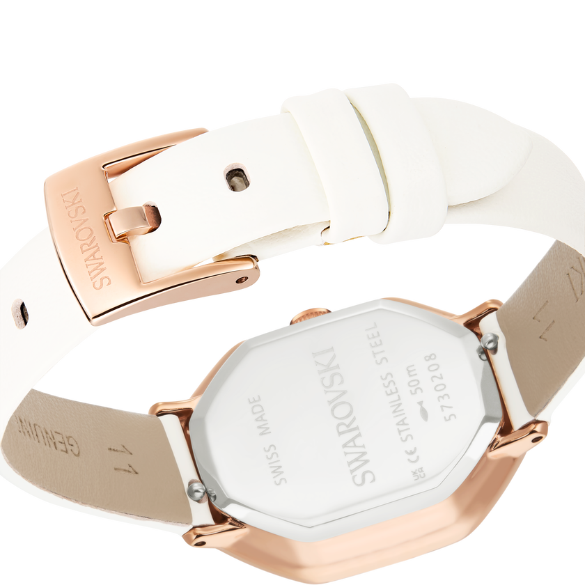 swarovski dextera octagon watch  swiss made  leather strap  white  rose gold tone finish